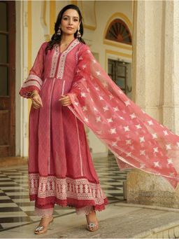 AMIRAS - Peach Embroidered Anarkali Kurta with Pant and Dupatta (Set of 3)