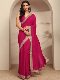 Libas - Pink Beads Embellished Border Saree With Unstitched Blouse
