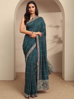 Libas - Navy Blue Bandhani Embroidered Border Saree With Unstitched Blouse