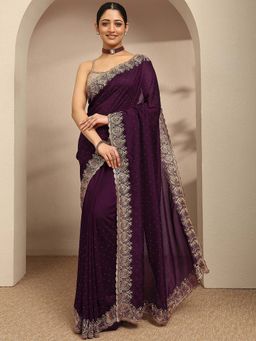 Libas - Burgundy Embellished Saree With Unstitched Blouse