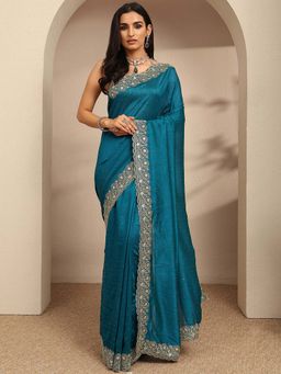 Libas - Blue Embellished Saree With Unstitched Blouse