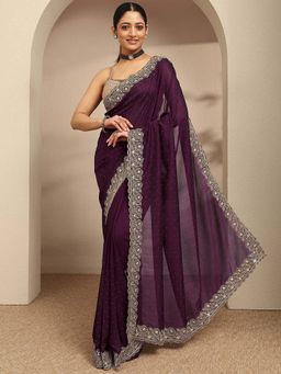 Libas - Burgundy Embellished Saree With Unstitched Blouse
