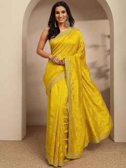 Libas - Mustard Floral Embroideried Border Saree With Unstitched Blouse