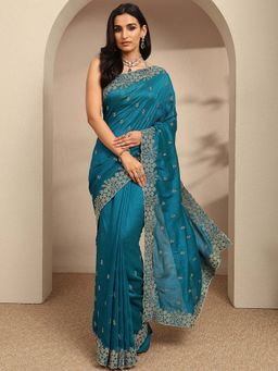 Libas - Teal Floral Embroidered Border Saree With Unstitched Blouse