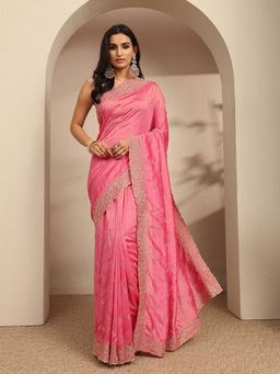 Libas - Coral Floral Embroidered Border Saree With Unstitched Blouse