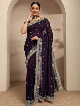 Libas - Burgundy Floral Embroidered Border Saree With Unstitched Blouse
