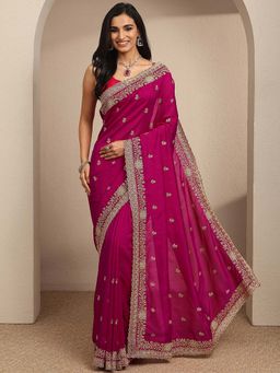 Libas - Pink Floral Embroidered Border Saree With Unstitched Blouse