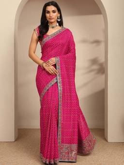 Libas - Pink Bandhani Embroidered Saree With Unstitched Blouse