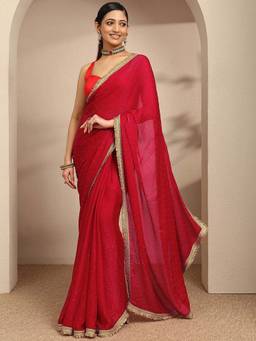 Libas - Red Embellished Saree With Unstitched Blouse