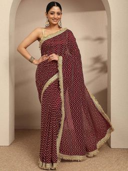 Libas - Maroon Chevron Printed Zari Embellished Saree With Unstitched Blouse