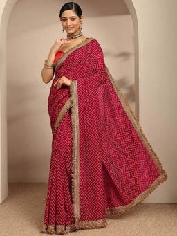 Libas - Pink Chevron Printed Zari Embellished Saree With Unstitched Blouse