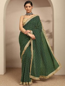Libas - Green Chevron Printed Zari Embellished Saree With Unstitched Blouse