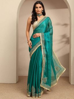 Libas - Blue Embellished Saree With Unstitched Blouse