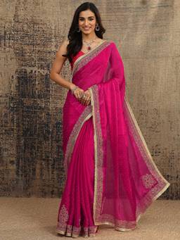 Libas - Pink Embellished Saree With Unstitched Blouse