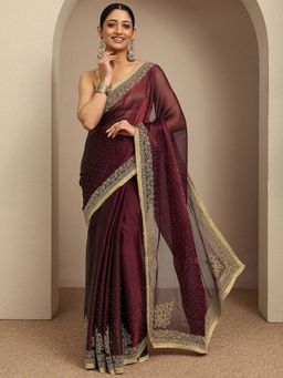 Libas - Maroon Embellished Saree With Unstitched Blouse
