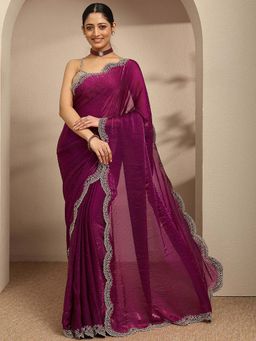 Libas - Magenta Beads Embellished Border Saree With Unstitched Blouse