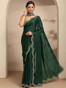 Libas - Green Beads Embellished Border Saree With Unstitched Blouse