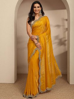 Libas - Mustard Beads Embellished Border Saree With Unstitched Blouse