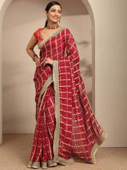 Libas - Maroon Bandhani Printed Saree With Unstitched Blouse