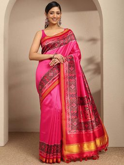 Libas - Pink Printed Border Saree With Unstitched Blouse