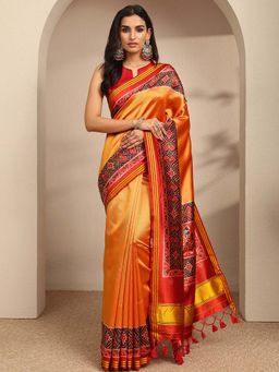Libas - Mustard Printed Border Saree With Unstitched Blouse