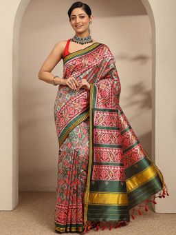 Libas - Green Ethnic Motif Printed Saree With Unstitched Blouse