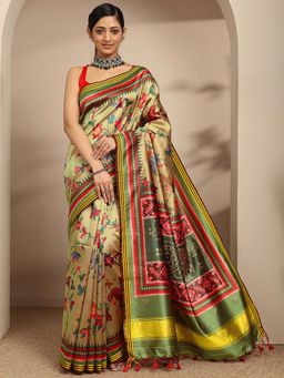 Libas - Green Printed Saree With Unstitched Blouse
