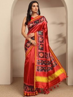 Libas - Red Printed Border With A Blouse Piece with Unstitched