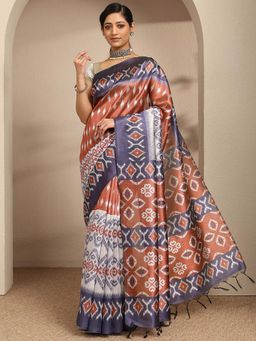 Libas - Rust Ethnic Motif Printed Saree With Unstitched Blouse