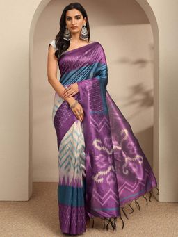 Libas - Purple Printed Saree With Unstitched Blouse
