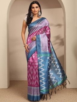 Libas - Pink Chevron Printed Saree With Unstitched Blouse