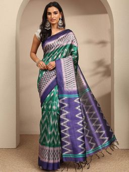 Libas - Green Chevron Printed Saree With Unstitched Blouse