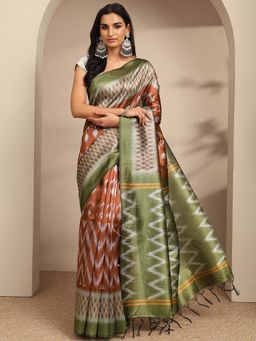 Libas - Rust Chevron Printed Saree With Unstitched Blouse