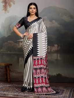 Stylum - Women's Black Ajrakh Printed Modal Satin Saree With Unstitched Blouse