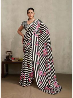 Stylum - Women's Black Floral Printed Satin Saree With Unstitched Blouse