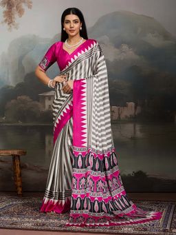 Stylum - Women's Pink Ajrakh Printed Modal Satin Saree With Unstitched Blouse