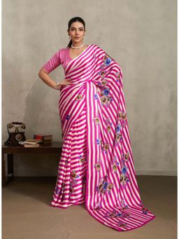 Stylum - Women's Pink Floral Printed Satin Saree With Unstitched Blouse
