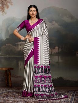 Stylum - Women's Purple Ajrakh Printed Modal Satin Saree With Unstitched Blouse
