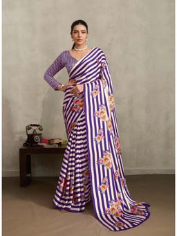 Stylum - Women's Purple Floral Printed Satin Saree With Unstitched Blouse