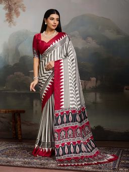 Stylum - Women's Red Ajrakh Printed Modal Satin Saree With Unstitched Blouse