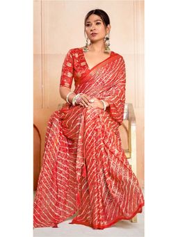 Stylum - Women's Red Leheriya Printed Silk Blend Saree With Unstitched Blouse