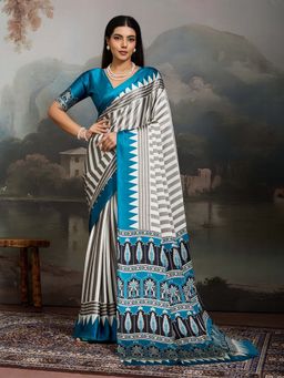 Stylum - Women's Sky Ajrakh Printed Modal Satin Saree With Unstitched Blouse