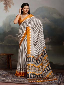 Stylum - Women's Yellow Ajrakh Printed Modal Satin Saree With Unstitched Blouse