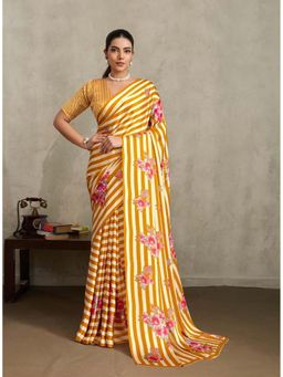 Stylum - Women's Yellow Floral Printed Satin Saree With Unstitched Blouse