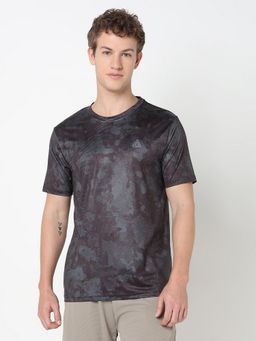 R&B - Men Polyester Black Crew Neck Camouflage Regular Half Sleeves Tshirt