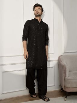 Vastramay - Mens Complete Black Chikankari Embroidered Kurta and Patiala (Set of 2)