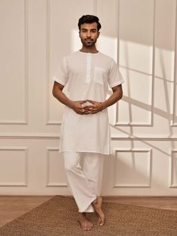 Vastramay - Mens All-White Premium Cotton Mid-Length Kurta with Pyjama (Set of 2)