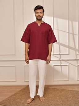 Vastramay - Mens Maroon and White Premium Yoga Kurta with Pyjama (Set of 2)