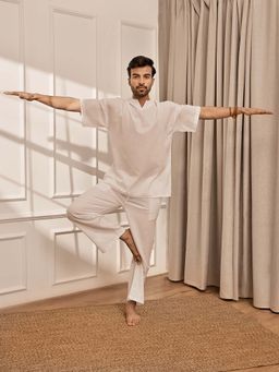 Vastramay - Mens Pure White Premium Cotton Yoga Kurta with Pyjama (Set of 2)