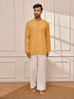 Vastramay - Mens Mustard Premium Cotton Kurta with White with Pyjama (Set of 2)